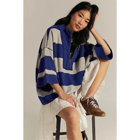 Free People We The Free Seaside Funnel Pullover Top Oversized Striped S 283733 - Picture 2 of 9